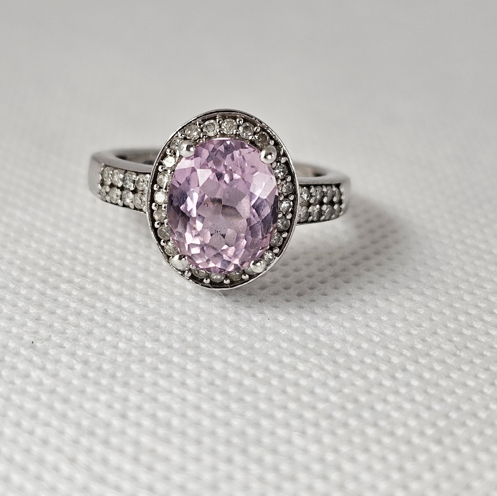 Natural Pink Kunzite & Diamond Ring in Platinum Over Sterling Silver Sz 7! - Picture 3 of 9